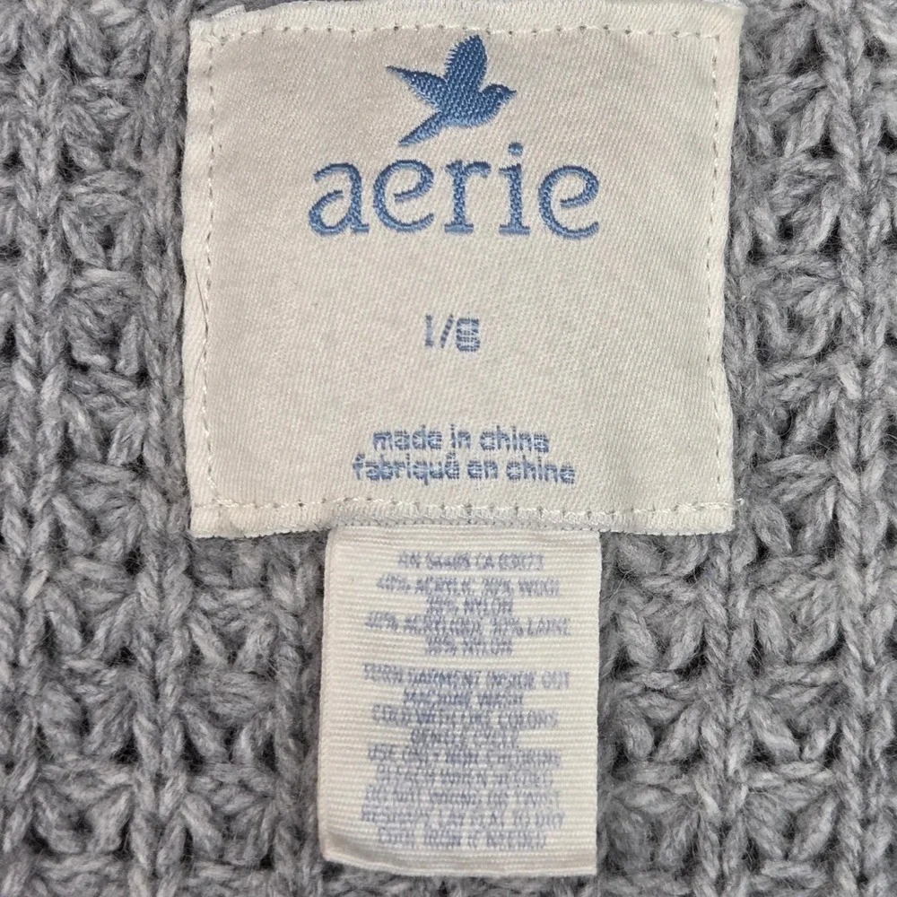 Aerie Cardigan Womens Large Grey Wool Blend Chunky Waffle Knit Boyfriend Sweater
